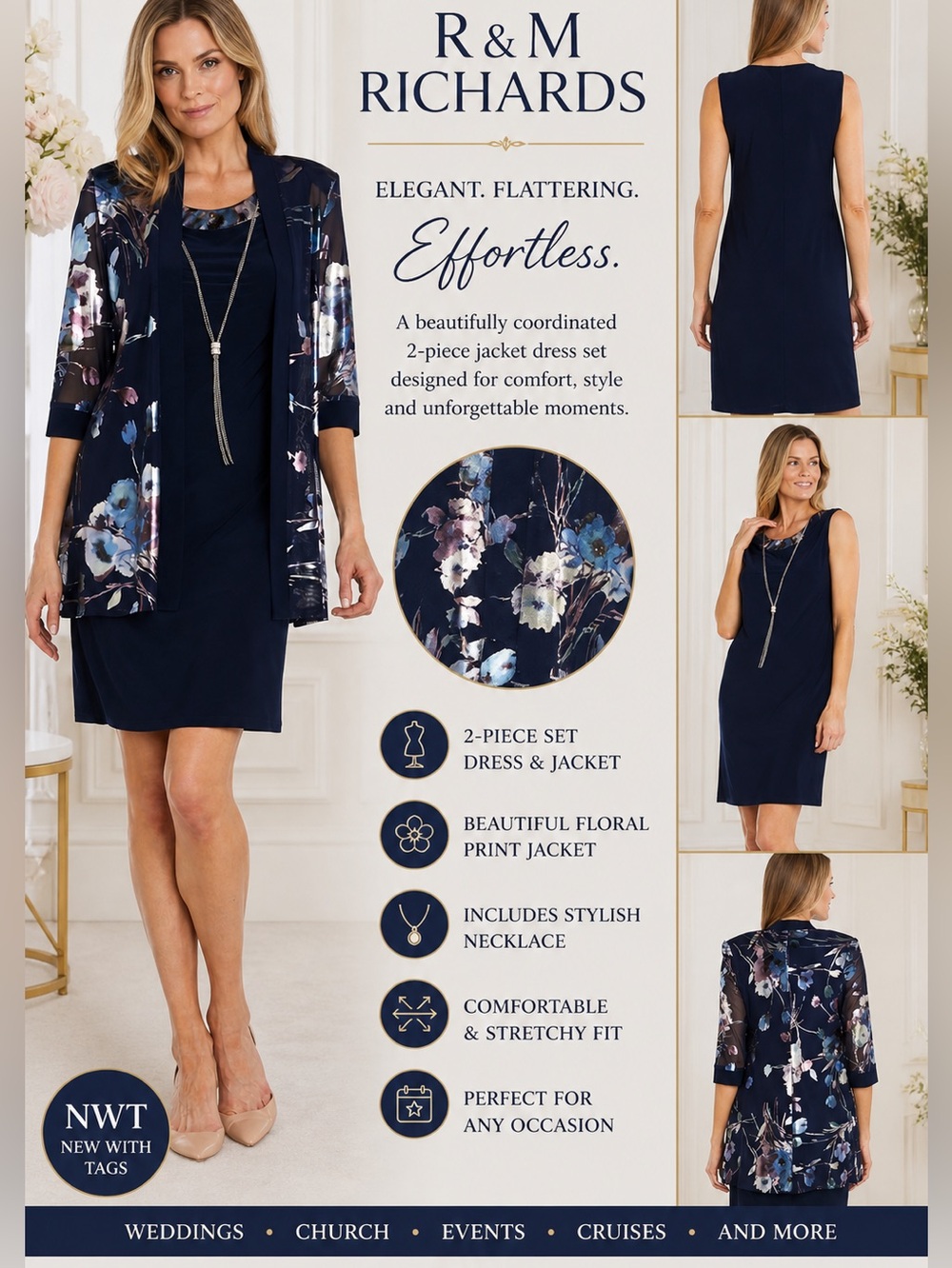 R&M Richards Navy Floral Jacket Dress Size 18 NWT 2 Piece Elegant Set